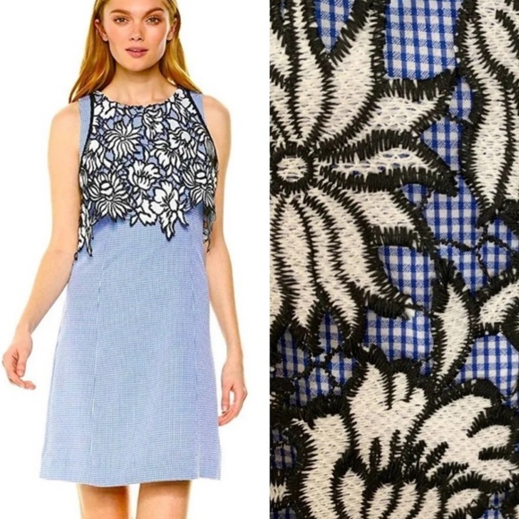 NWT Nicole Miller Gingham Lace Overlay Dress Blue Size 8 - Picture 1 of 9